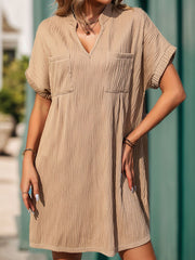Loose Short Sleeves Pleated Solid Color Split-Joint V-Neck Mini Dresses