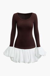 Contrast Puff Hem Round Neck Long Sleeve Mini Dress