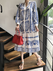 Leaves Print Printed Long Sleeves Loose Stand Collar Midi Dresses