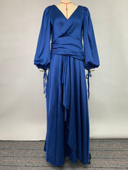 Look-Thin Pleated Solid Color V-Cut Long Sleeves Maxi Dresses