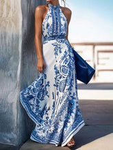 Contrast Color Flower Print A-Line High Waisted Halter-Neck Maxi Dresses