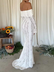 Flower Lace Splicing Striped Long Sleeves One-Shoulder Wrap Maxi Dresses