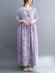 Vacation Short Sleeves Loose Floral Printed Round-Neck Midi Dresses