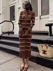 Elegant Slim Striped Knit Long Dress Women's Lapel Retro Block Color Long Sleeve Button Sweater Dress Club Party DressChristmas Gifts