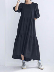 Half Sleeves Puff Sleeves Breathable See-Through Solid Color Round-Neck Midi Dresses