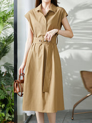 Plus Size Short Sleeves Bandage Solid Color Lapel Midi Dresses