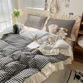 Ins Princess Style Bedding Sets Ruffle Lace Bow Quilt Cover Romantic Bedclothes Decor Woman Girls Bedroom Duvet Cover 4pcs