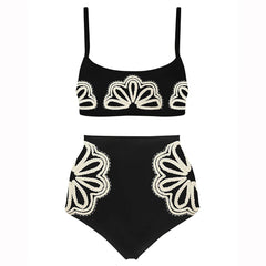 Bathing Suit Women Black Simple Print Fashion Swimsuit Sexy Printed Bikini High Waist Swimwear Two-piece and Skirt Beach Outfits
