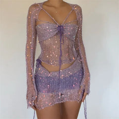 2025 Summer Women's Beaded Knitted 4-Piece Set Women's 2000 Sexy Sequined Knitted Party Dress 3-Piece Set