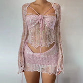 2025 Summer Women's Beaded Knitted 4-Piece Set Women's 2000 Sexy Sequined Knitted Party Dress 3-Piece Set