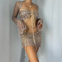2025 Summer Women's Beaded Knitted 4-Piece Set Women's 2000 Sexy Sequined Knitted Party Dress 3-Piece Set