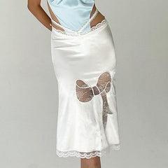 Satin Coquette Bow Lace Midi Skirt