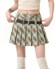 Double Belt Plaid Pleated Skirt in Green