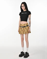 Double Belt Plaid Pleated Skirt in Yellow