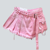 Asymmetric pleated mini denim skort