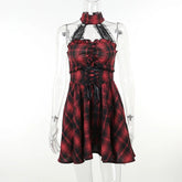 Gothic Halter Neck Sleeveless Vintage Plaid Mall Goth High Waist A line Swing Backless Dress