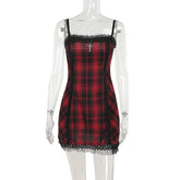 Gothic High Waist Plaid Halter Vintage Retro Grunge Aesthetics Contrast Swing Party Dress