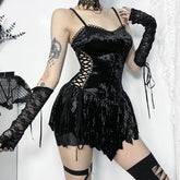 Gothic Hollow Out Spaghetti Straps Velvet Sexy Sleeveless V Neck Backless Bodycon Dress