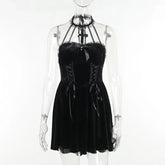 Gothic Velvet Criss-Cross Halter Dress Vintage Draped Lace Sleeveless Bodycon Backless A-Line Cocktail Party Dress