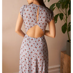 Summer Dresses For Women Side Slit Backless Sexy Dress Round Neck Cap Sleeve Vintage Print Midi Floral Dress