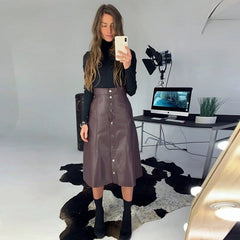 Casual Single-Breasted PU Leather A-Line Midi Skirts Autumn Winter Home Wear Warm Office Lady Skirts New Arrival