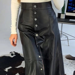 Casual Single-Breasted PU Leather A-Line Midi Skirts Autumn Winter Home Wear Warm Office Lady Skirts New Arrival