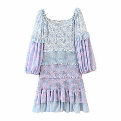 2025 Summer Autumn Holiday Long Sleeve Patchwork Floral Woman Dress Beach Vocation Ladies Mini Dress