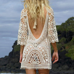 Sexy Women's Bathing Suit Cover Up Crochet Lace Bikini Bathing Suit Swimsuit Smock Knitting Swimwear Mesh Beach Dress Tunic Robe