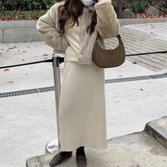 Elegant Green Women Sweaters Set Long Sleeve Pullovers & High Waist Split Package Hip Knitted Skirts 2022 Autumn Winter