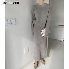 Casual Women Knitted Skirt Set O-Neck Full Sleeve Pullovers Elastic Waist Skirts 2022 Autumn Winter Women Sweater Set