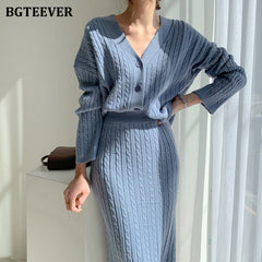 Elegant Knitted 2 Pieces Set Women V-Neck Single-Breasted Cardigans & Elastic Waist Pencil Skirt Women 2022 Sweater Set
