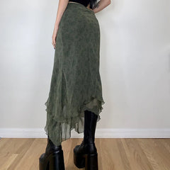 Elegant Lady Irregular High Waist Midi Skirts Grunge 2000s aesthetic Ruffles Chiffon Skirt Vitnage Streetwear Green Clothes