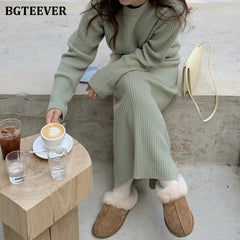 Elegant Green Women Sweaters Set Long Sleeve Pullovers & High Waist Split Package Hip Knitted Skirts 2022 Autumn Winter