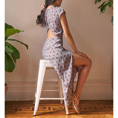 Summer Dresses For Women Side Slit Backless Sexy Dress Round Neck Cap Sleeve Vintage Print Midi Floral Dress