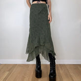Elegant Lady Irregular High Waist Midi Skirts Grunge 2000s aesthetic Ruffles Chiffon Skirt Vitnage Streetwear Green Clothes