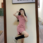 Lapel T-Shirt One Piece Dress For Woman 2022 Summer Polo Collar Black Dresses KPOP Sexy Skirt Korean Bear Embroidery Tight Dress