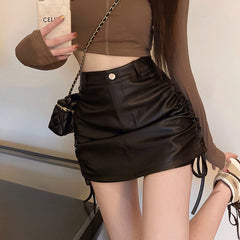 Leather Skirts Women Fashion Sexy High Waist Drawstring Pack Hip Skirt Mini 2022 Ladies Autumn New Black Lace-Up Skirt For Woman