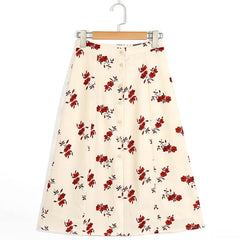 Woman Skirts Fashion New Women Vintage Floral Print Skirt High Waist Skirts Womens Front Buttons Ladies Elegant Midi Skirt