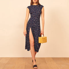 Summer Dresses For Women Side Slit Backless Sexy Dress Round Neck Cap Sleeve Vintage Print Midi Floral Dress