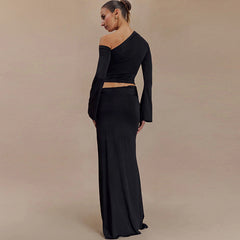 Slant Collar 3D Decoration High Waist Long Skirt Suit