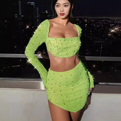 birthday outfit Fy396 Knitted Beaded Square Collar Long-Sleeved Top Skirt Suit Spring Women's Sexy Navel Skirt for Women