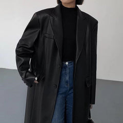 black sweater dress outfit Black Mid-Length Leather Coat for Women 2025 Spring and Autumn Fashion New Loose over-the-Knee PU Leather Suit Coat Trendy