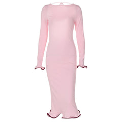 outfit inspo 2025 New Backless Flared Sleeve Ruffled Skirt Knitted Dress Sexy Contrast Color Long Dress Women