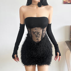 Christmas Plush Mesh Splicing Slim Tube Dress Set