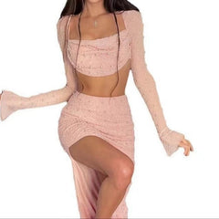 birthday outfit Fy396 Knitted Beaded Square Collar Long-Sleeved Top Skirt Suit Spring Women's Sexy Navel Skirt for Women