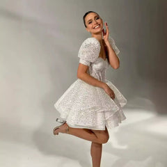 homecoming dresses New White Sequined Lace Mori Short Bridal Wedding Dress Birthday Party Annual Meeting Performance Dress