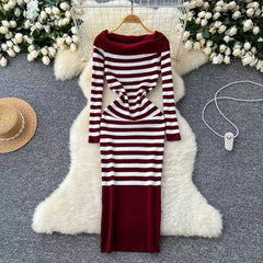long sweater dress outfit 2025 Autumn and Winter Elegant Slim-Fit Sheath Slimming off-Shoulder Collarbone Black and White Stripe Knitted Dress 82