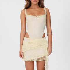 Low-Cut V-Neck Tight Bodysuit Hip Skirt Suit