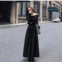 cybergoth dress to impress 2025 Spring New Women's Retro off-Shoulder Long Sleeve Slim-Fit off-Neck Stitching Dress