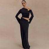Slant Collar 3D Decoration High Waist Long Skirt Suit